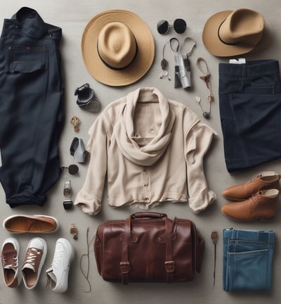 A neatly arranged flat lay featuring a black mesh bikini, dark sunglasses, a passport, a phone with a leaf-patterned case, currency notes, an open planner with marked dates, and a highlighter, all set against a white background.