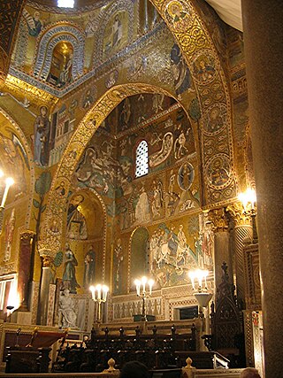 Arabic arches and Byzantine mosaics in the Cappella Palatina of Roger II of Sicily.