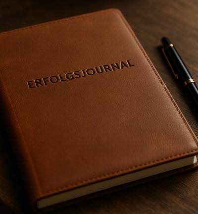 Braunes Erfolgsjournal aus Leder mit Goldprägung und schwarzem Kugelschreiber auf dunklem Holz – Sym