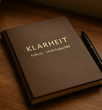 Dunkelbraunes Notizbuch mit der Aufschrift „Klarheit – Fokus – Spiritualität“ und Stift auf Holztisc
