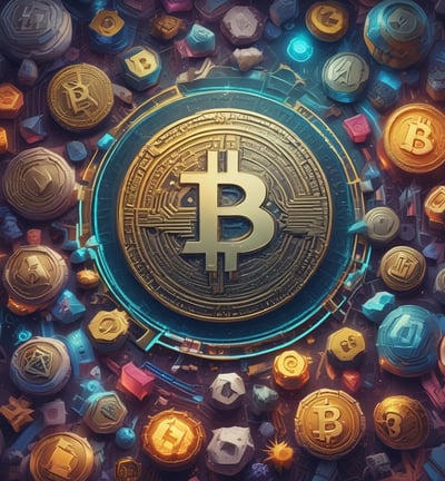 A stylized image features a pastel-colored wallet surrounded by symbols of digital currency, such as Bitcoin and Tezos icons. There are also illustrative graphics resembling mountains and a play button. The background is a solid lavender color, complementing the soft tones of the design.