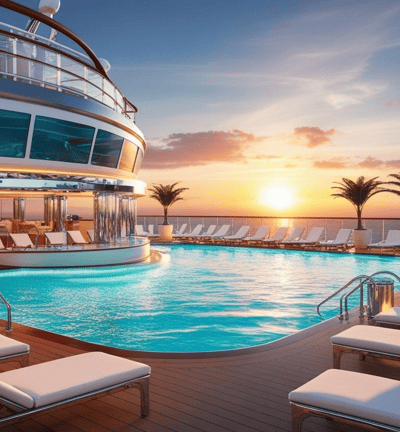 Loungers around a pool area on a luxury cruise ship with the sun setting in the background
