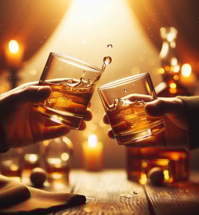 Two glasses of whisky tapping together in a toast