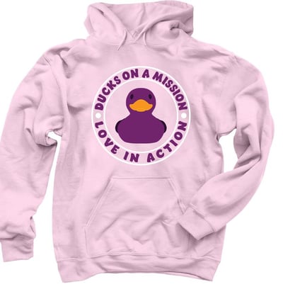 a purple duck in a pink hoodie with a duck in the middle of it