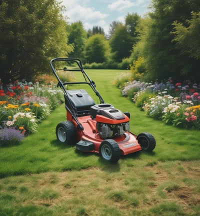 A sunlit patio with terracotta tiles is adorned with cleaning equipment, including a wet and dry vacuum, containers of cleaning solutions, and a pressure washer. A portion of a white car is visible near a hedge-lined driveway, while lush green vegetation and a manicured lawn provide a backdrop.