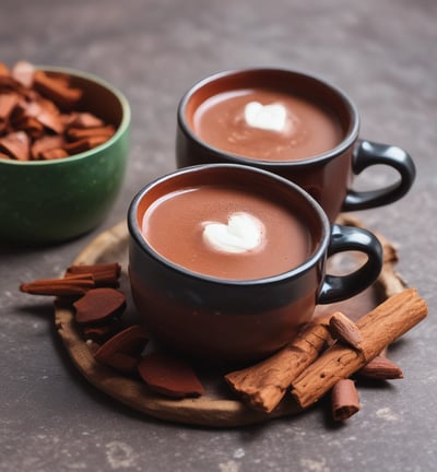 A tall glass filled with a creamy chocolate drink sits on a rustic wooden table. The glass features artistic swirls of dark chocolate sauce visible through the sides. In the background, there is abstract black and white wall art.