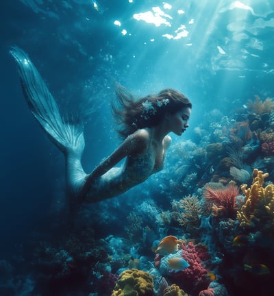 mermaid swimming around a coral reef