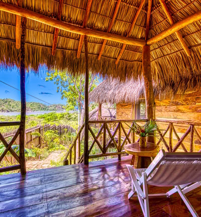 terrace wooden bungalow overlooking the ocean, retraet center central america