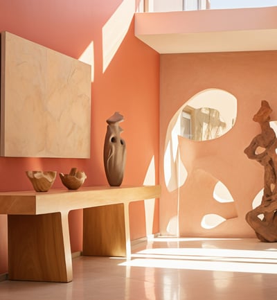 an elegant bohemian entrance with vase and sculpture / entrée bohème élégante avec vase et sculpture