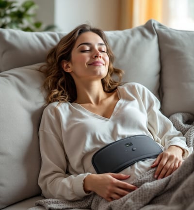 a woman laying on a couch with a heating pad on her stomach