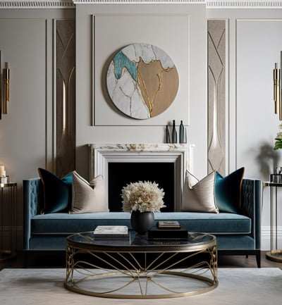 a living room very chic with a couch and a marbre fireplace / salon très chic avec canapé et cheminé