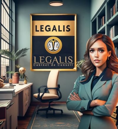 a woman in a suit and tie standing in front of a large poster