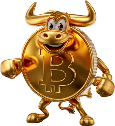 a gold coin with a bullish face and a bitcoin bitcoin