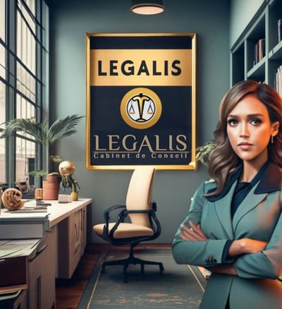 a woman in a suit and tie standing in front of a large poster