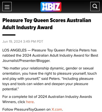 News article in hte XBiz featuring Patricia Peters as the Pleasure Toy Queen award winner