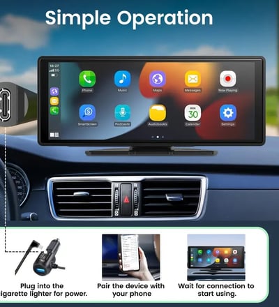 a car dashboard with a car radio and a phone
