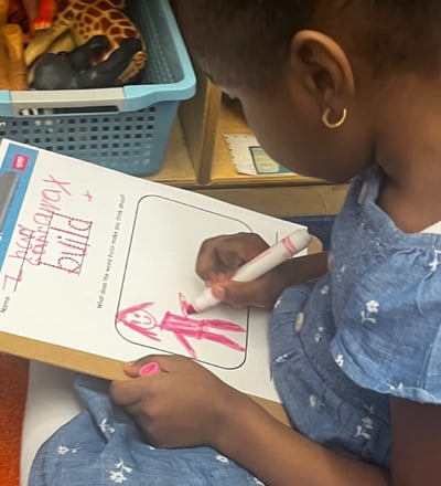 PreK students reflects on an OOPA worksheet.