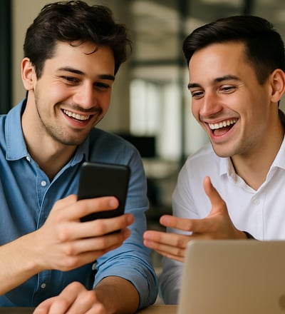 dos hombres celebrando el éxito de su emprendimiento, checando cómo suben las ventas de su negocio.