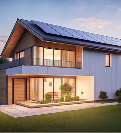A mock up of a passive house with solar panels on the roof.