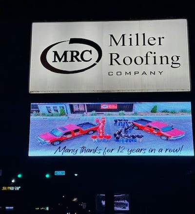 Outdoor digital business sign for Miller Roofing showing custom LED graphics installed by PXLLED.