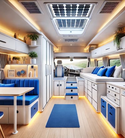 a camper van with a table and chairs