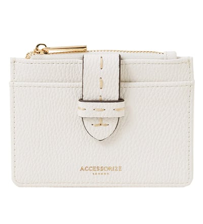 a white card case with a gold buckle