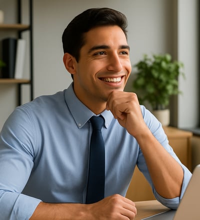 Hombre en la oficina, pensando en emprender y poner un negocio para más ingresos.