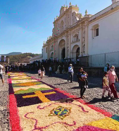 Colorful flower carpets during a procession in Antigua, Guatemala.