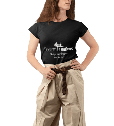 a woman wearing a black t - shirt and pants with a belt