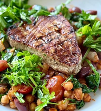 Semaglutide Recipe: Grilled Tuna Steak with Chickpeas, Tomatoes and Sautéed Spinach