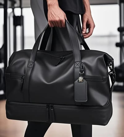 a man in a suit case holding a black bag