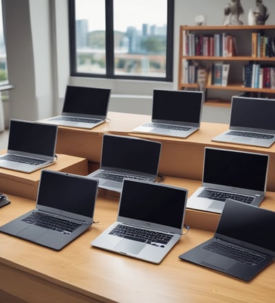 Several desktop computer towers are lined up on the floor next to each other. The computers are placed under a table in an indoor setting. The visible brands include Acer and other unspecified brands. The towers have multiple drive slots and ports visible on the front panels.