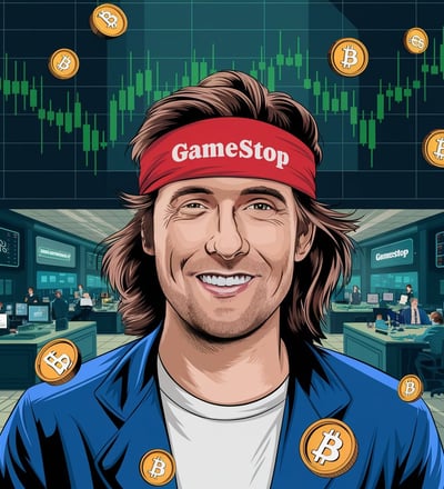 a man with a red headband and a red headband with bitcoin