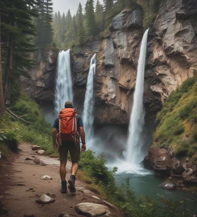 A motorcycle is parked in a shallow stream surrounded by rocks and lush greenery, including trees and bushes. The motorcycle is loaded with gear, highlighting a sense of adventure and exploration.