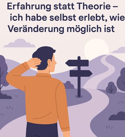Man vor Weggabelung mit Zitat zur persönlichen Veränderung
