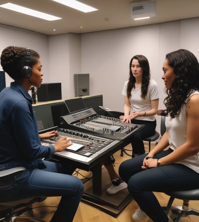 A person sits in a recording studio, surrounded by soundproof walls with acoustic panels. They are wearing a casual t-shirt and shorts. A computer monitor displays a dark screen with some visible reflections, and audio equipment is present, including speakers and a water bottle.