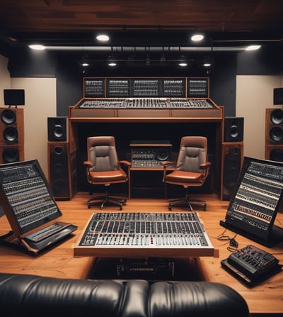 A person is standing in a recording studio. The individual wears headphones and is facing a professional microphone. The room is acoustically treated with foam padding on the walls. They appear to be gesturing with one hand in an expressive manner.