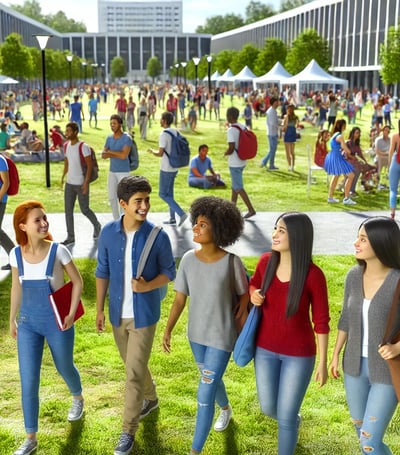 a group of people walking around a grassy area