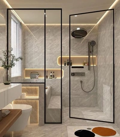 a bathroom with a shower and a bench