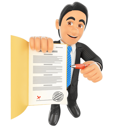 a man holding an approved contract and waiting to be signed