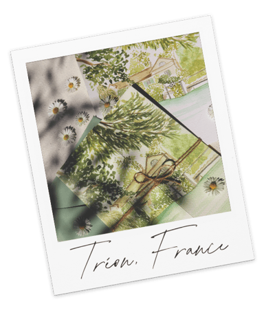 polaroid of a close up of a custom watercolor invitation for a country chic wedding in france