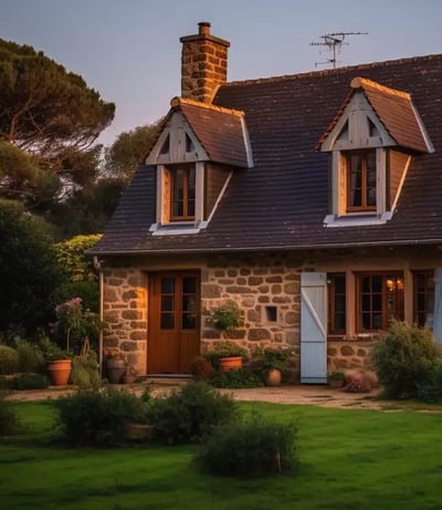 Vue de l'extérieur d'une maison Bretonne et dont le jardin est bien entretenu par la conciergerie