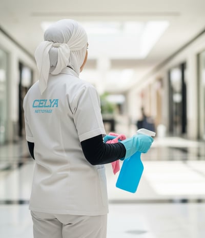 Agent de nettoyage en action, assurant la propreté des espaces commerciaux à Casablanca