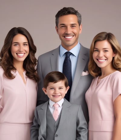 A family portrait featuring three people, consisting of two adults and a child. The man is wearing a beige suit and a tie, while the woman is dressed in a light pink top. The child is standing in front, wearing a patterned sweater. All appear to be smiling and are posed closely together in front of a neutral background.