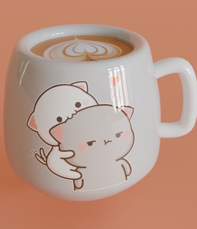 A 3D-rendered coffee mug with a cute cartoon cat design, featuring a glossy ceramic finish.