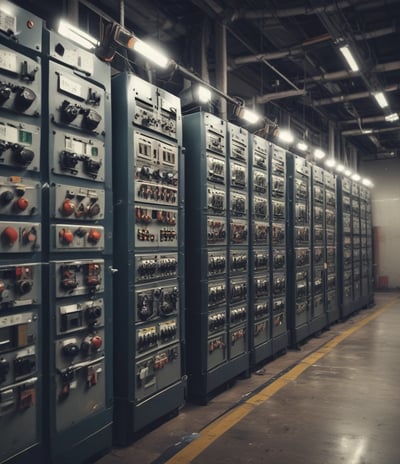 An open electrical panel with a multitude of colorful wires connected to various circuit breakers is mounted on a wall. Tools are placed on a blue workbench, including a multimeter and a screwdriver. A visible checklist is attached to the left panel door.