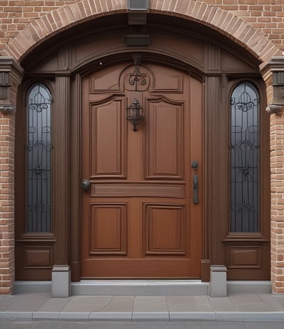 A vintage-style garage door with vertical wooden slats and ornate red and frosted glass panels in the upper section. The frame is painted in red, contrasting with the gray of the door itself. The surrounding wall has a textured, stucco-like finish.