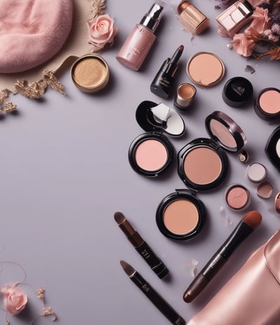 A flat lay image displaying a combination of lifestyle items including books, cosmetic products, and a colorful scarf. The books have minimalist and fashion themes, while the cosmetics feature elegant packaging. A transparent pouch contains a brochure titled 'VEGAN STYLE' that covers topics such as fashion and beauty.