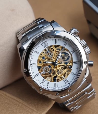 A luxury wristwatch with a metallic strap and a detailed dial featuring Roman numerals. The watch face displays intricate design elements and craftsmanship, with a prominent brand name visible. The overall lighting gives a warm, golden hue to the entire scene, enhancing the watch's elegance.