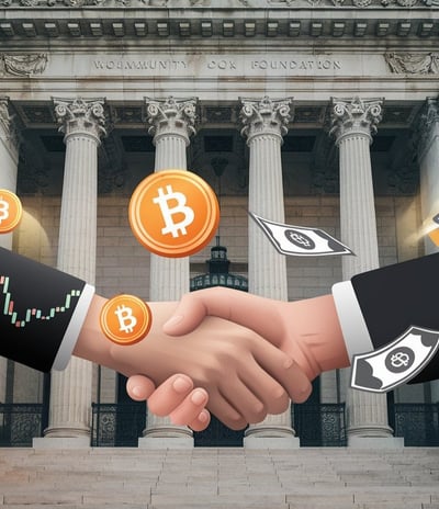 two hands shaking hands with bitcoin and bitcoin symbols